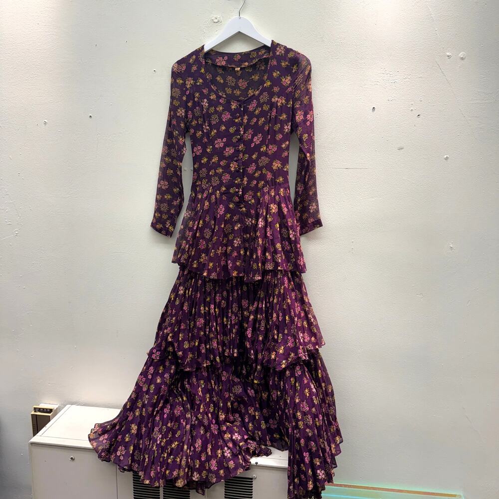 Vintage 60s/70s Purple Floral Maxi Dress Cottage Peasant Long Sleeve Spring Full